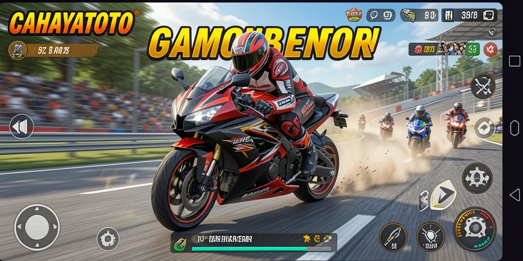 Screenshot gameplay CAHAYATOTO menampilkan aksi balapan motor yang mendebarkan.