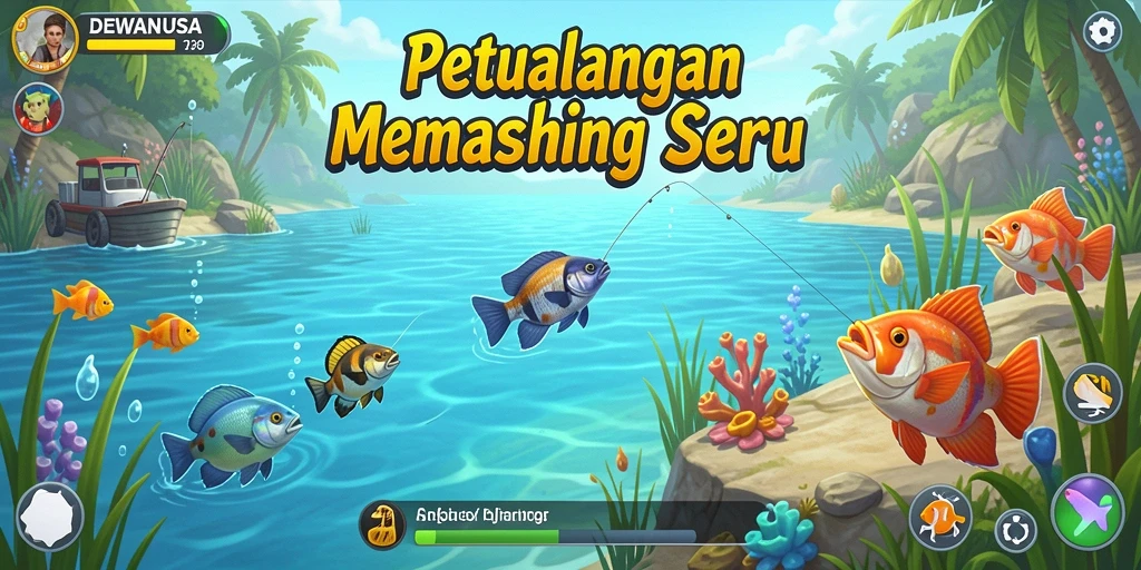Tampilan gameplay DEWANUSA dengan aksi memancing yang seru di berbagai lokasi.