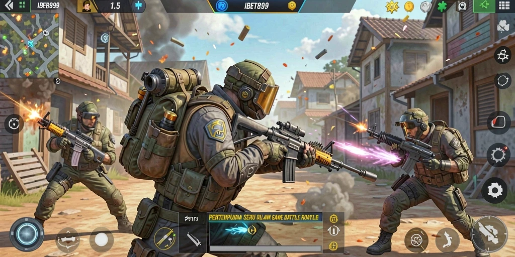Tangkapan layar utama IBET899 menampilkan aksi pertempuran yang mendebarkan di arena Battle Royale.