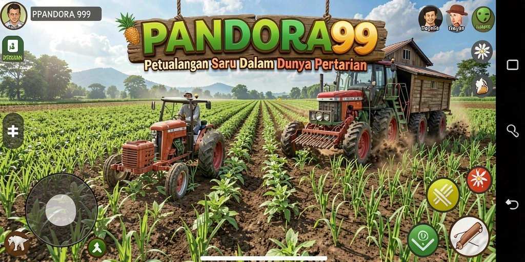 Screenshot PANDORA99 menampilkan ladang pertanian yang indah dan aktivitas gameplay seru.