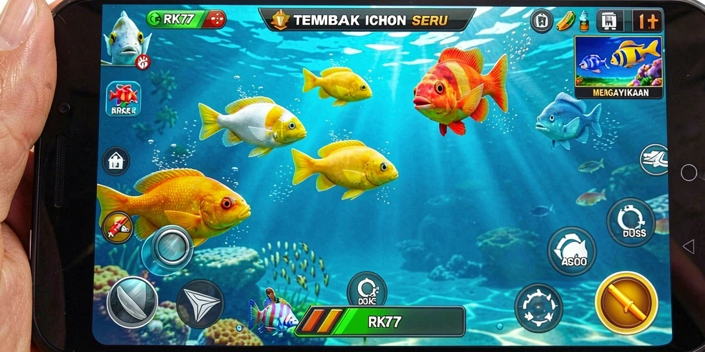 Gameplay seru Tembak Ikan RK77 yang penuh warna.