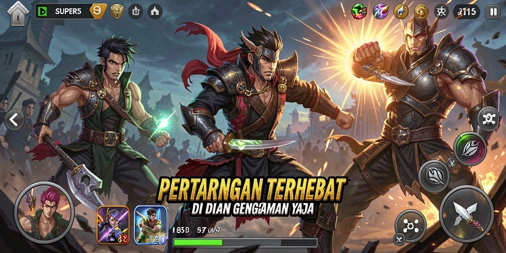 Tampilan gameplay SUPER5 dengan serangan memukau dan aksi pertarungan yang intens.