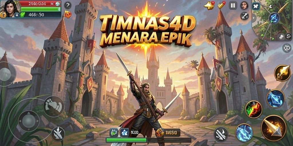 Screenshot utama TIMNAS4D menunjukkan pertempuran seru pertahanan menara.